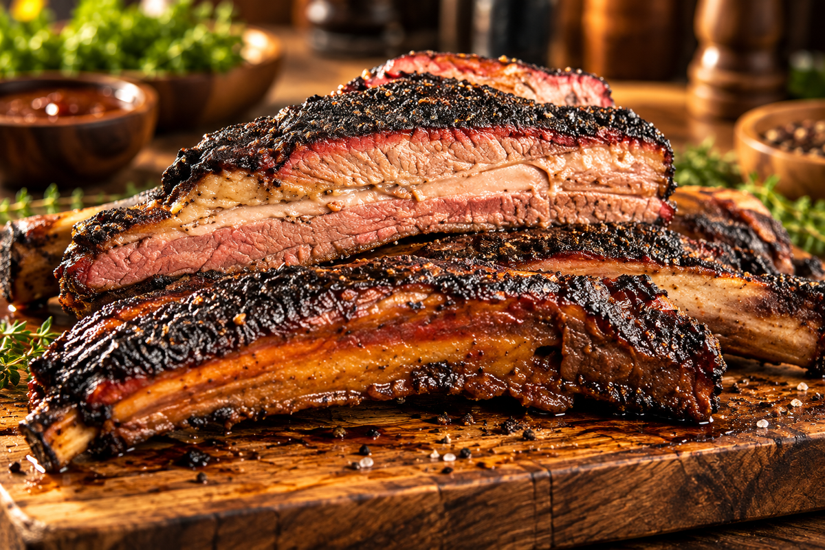 Glazed dino-ribs with herbs on a rustic board